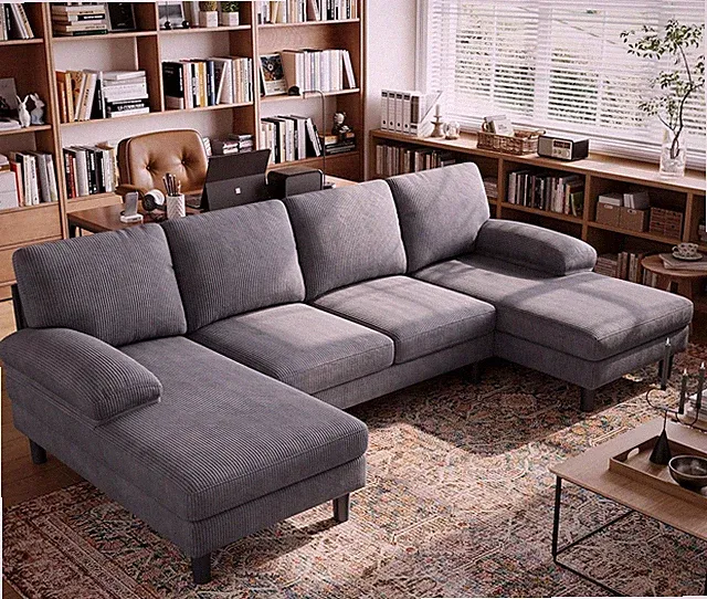 Grey U-Shaped Sectional Couch with Sleepable Armrests and Double Chaises