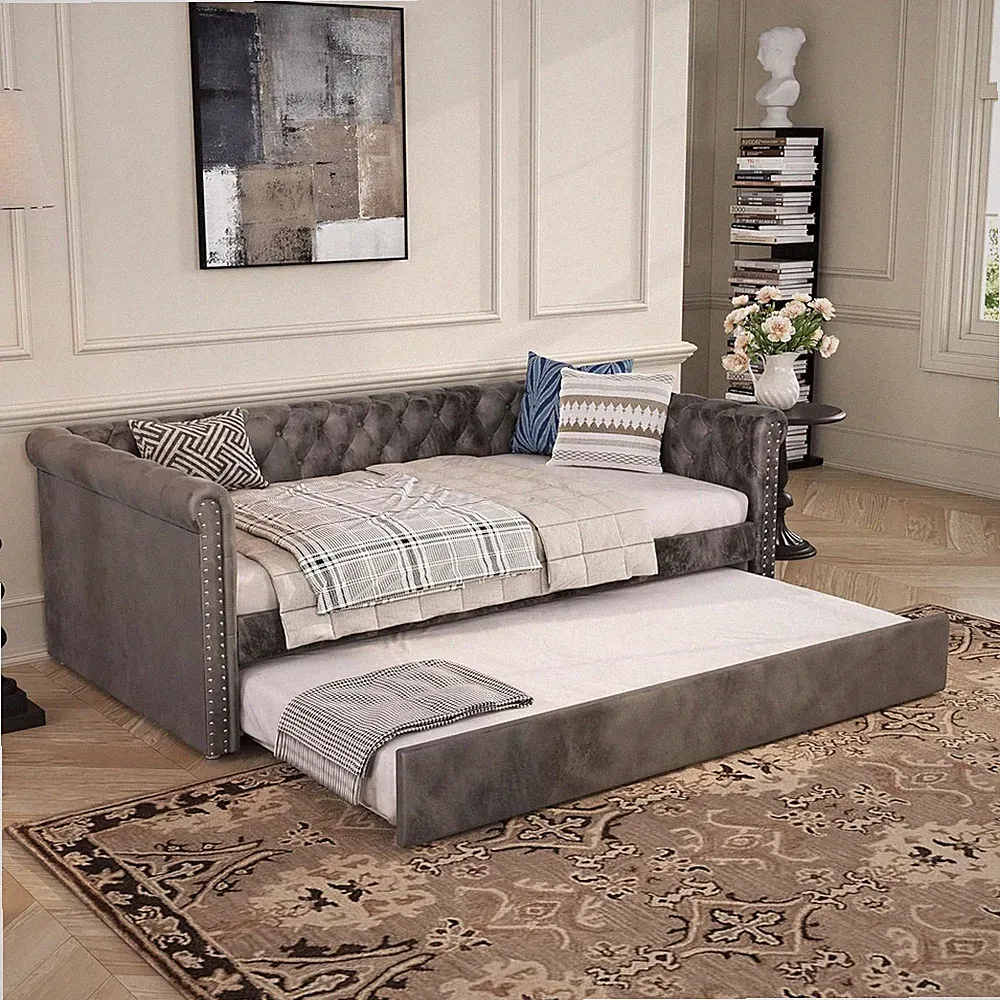 Grey Upholstered Daybed with Trundle, Twin Size Sofa Bed for Any Room