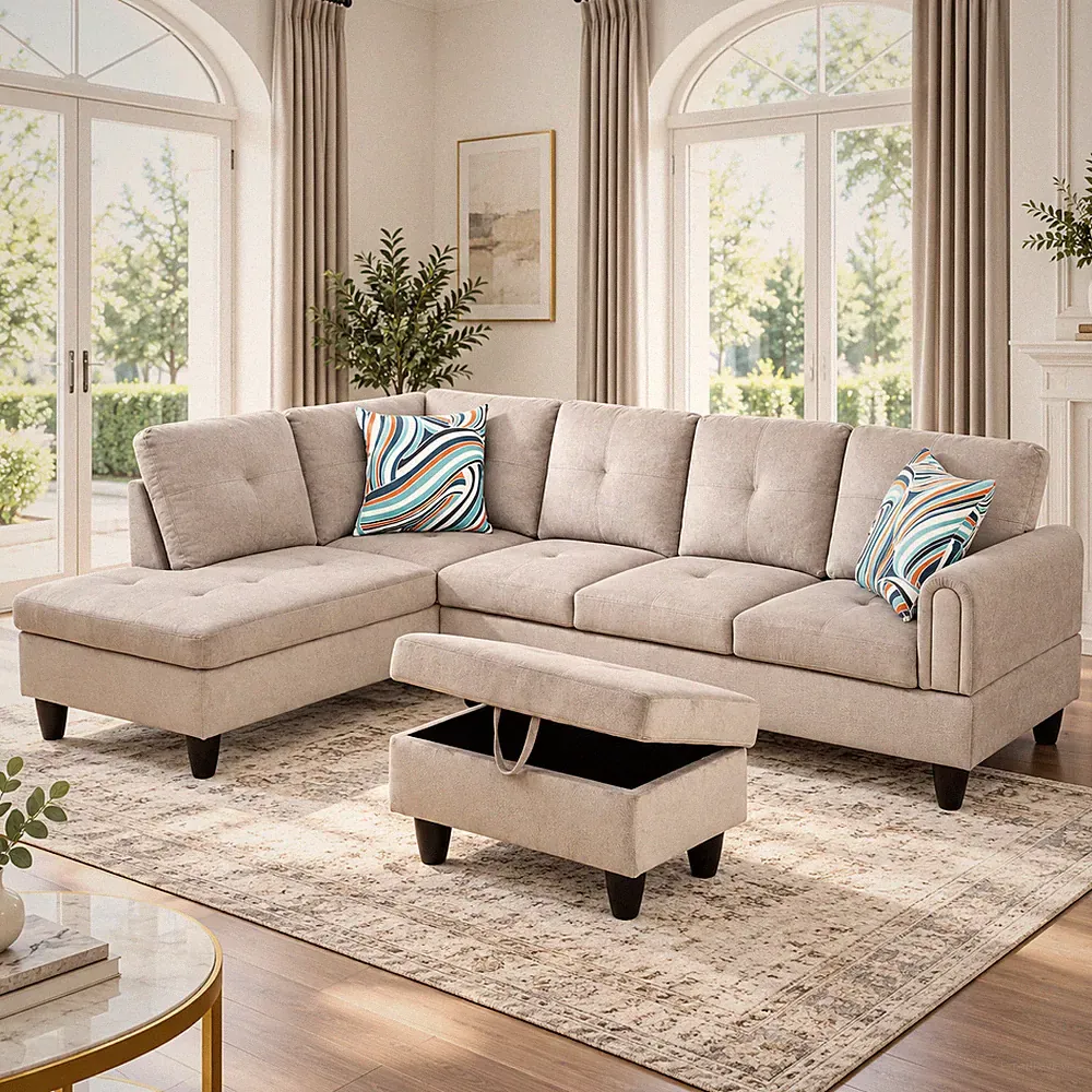 Grey White Corduroy 3-Piece Living Room Sofa Set A