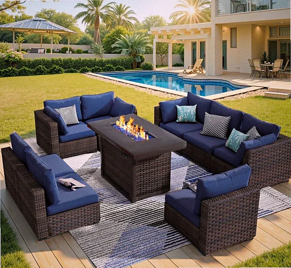Grezone 9 Pieces Patio Furniture Set with Fire Pit Table, All Weather Outdoor