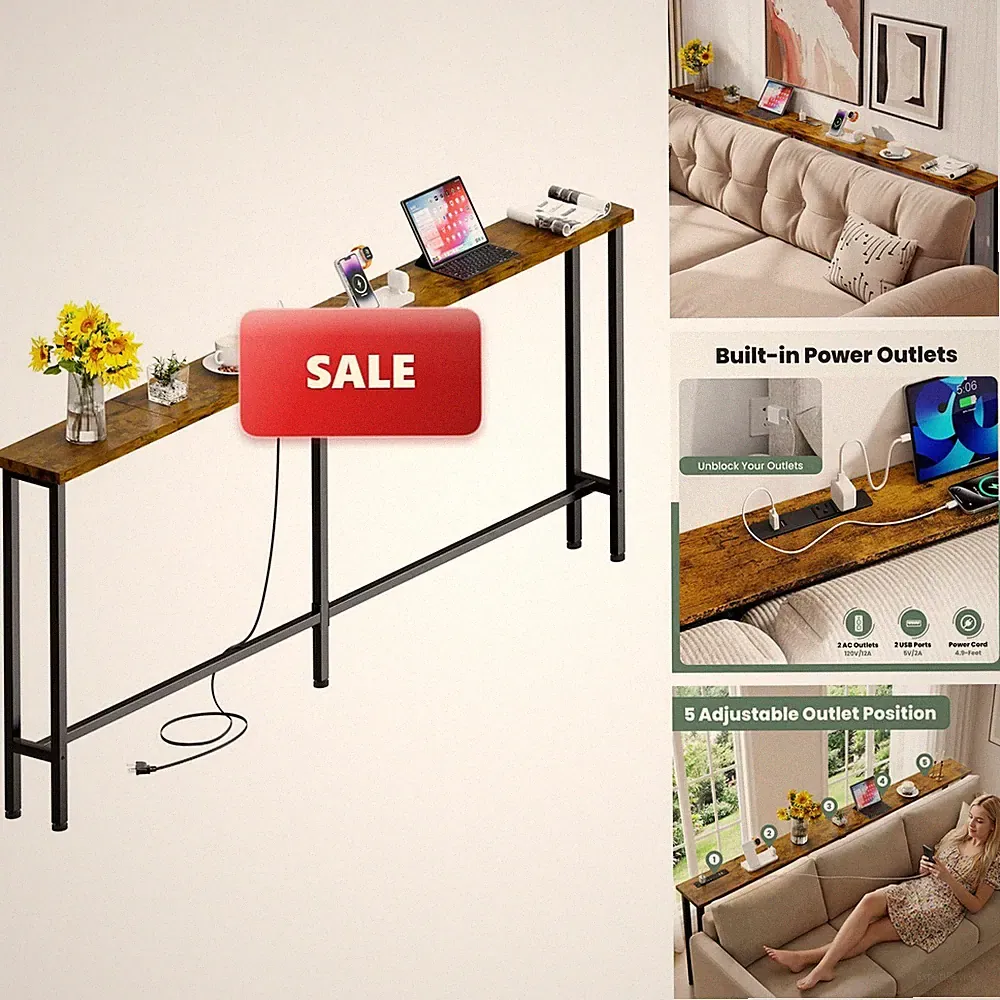 GRLEAF 78" Sofa Table Built-in Power Strip (2 AC Outlets & 2 USB Ports) 4.9ft