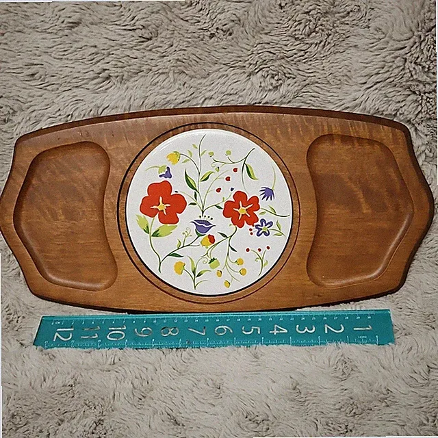 Gullstyn Wood Serving Tray Floral Ceramic Center 3-Section Non-Slip Feet 12"