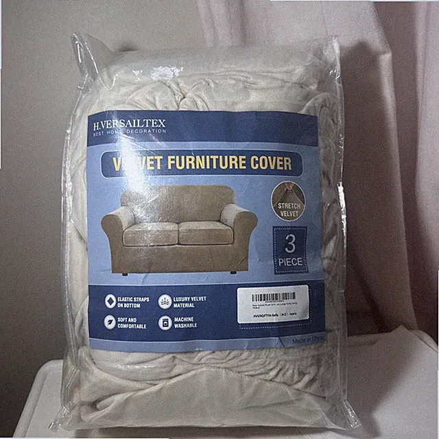 H. Verailtex Velvet Plush 3 Piece Stretch Sofa 2 Cushion Slipcover Ivory