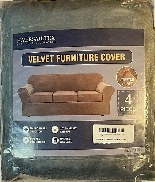 H Versailtex Velvet Couch Sofa Cover 4 Piece 3 Cushion Slipcovers Stone Blue