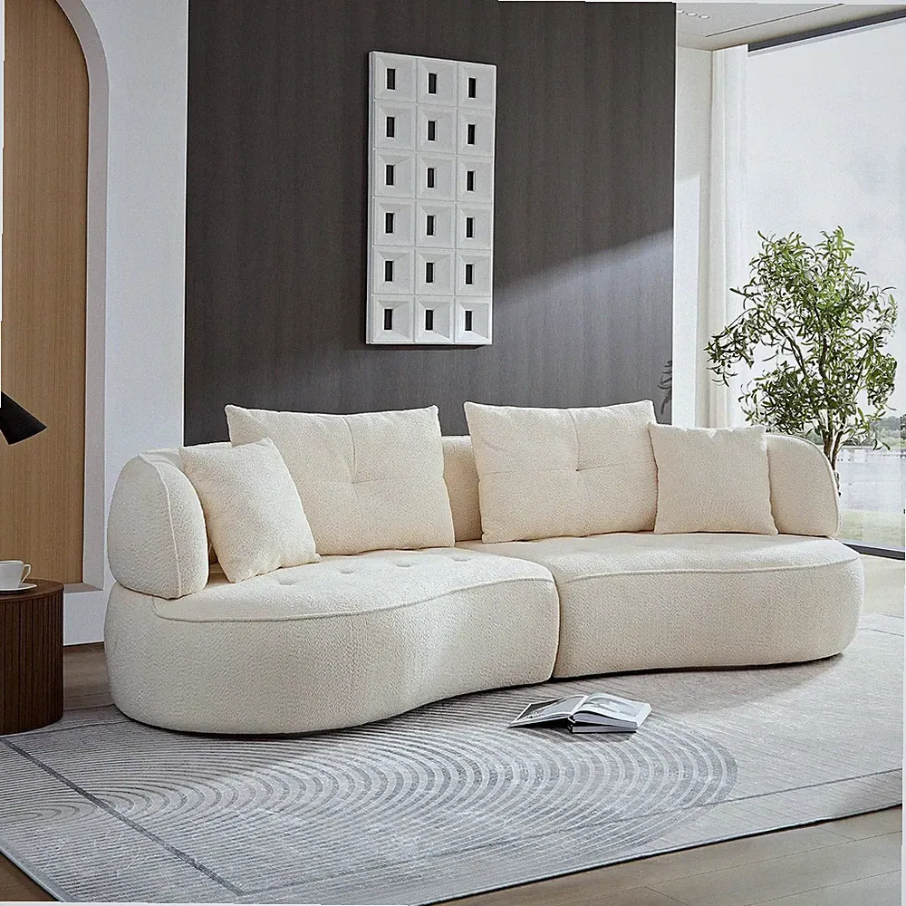 HAMORE 110" Curved Sectional Sofa, 2-Piece Modular Teddy Boucle Fabric Couch, Br
