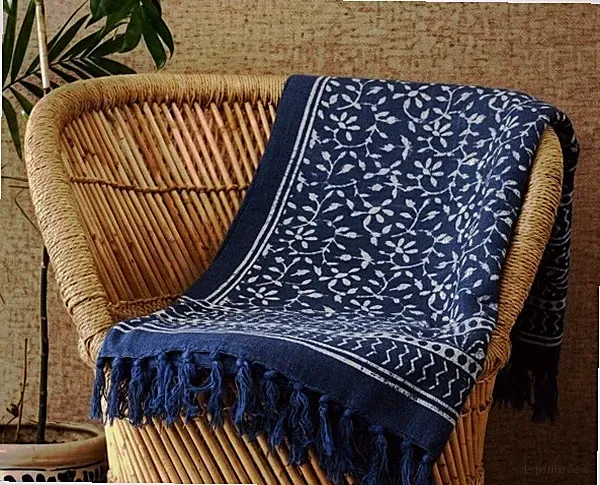 Hand Block Printed Indigo Throw Blanket 100% Cotton Bohemian Bed Sofa Blanket