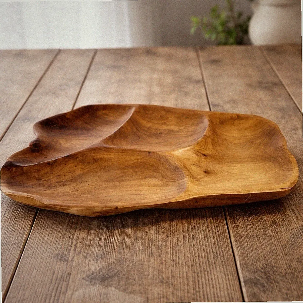 Hand Carved Wood Serving Tray - 4 Section Divided Dish - 13” - Rustic Farmhouse