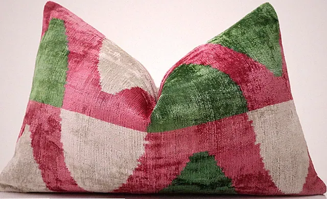 Hand-Knotted Silk Velvet Ikat Lumbar Pillow - 16x24 Pink & Grass Green