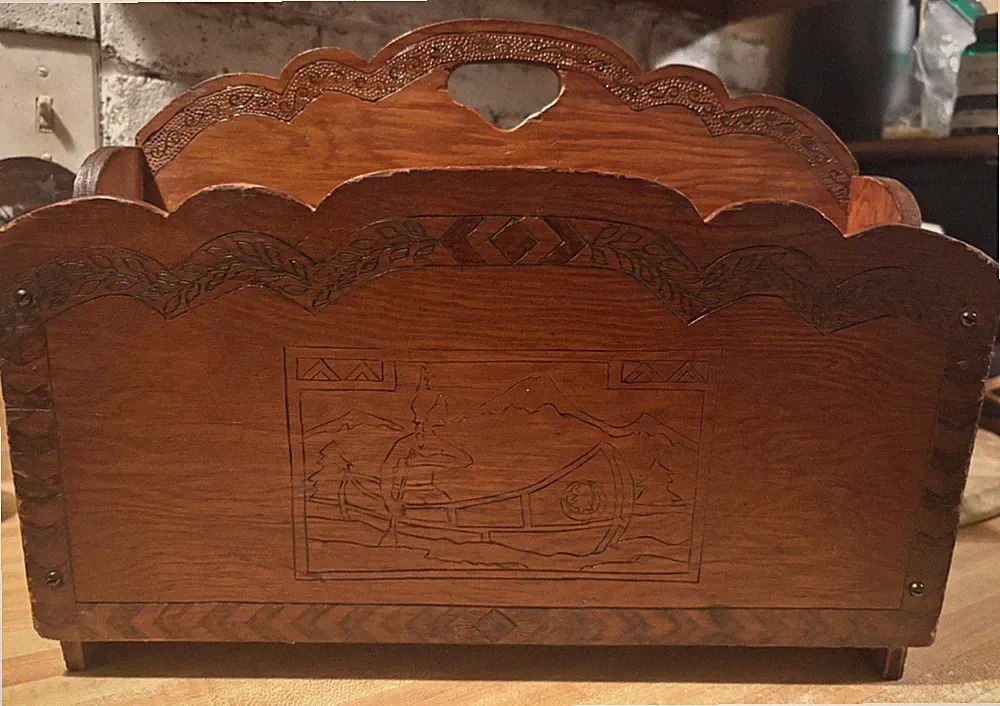 HAND MADE WOODEN MAGAZINE HOLDER W/CARVING OF NATIVE AMERICAN IN CANOE 2 SECTION