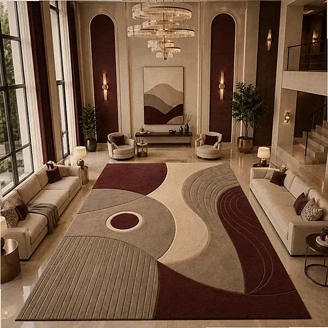 Hand Tufted Abstract Area Rug, Burgundy Beige Gray Wool Living Room Carpet