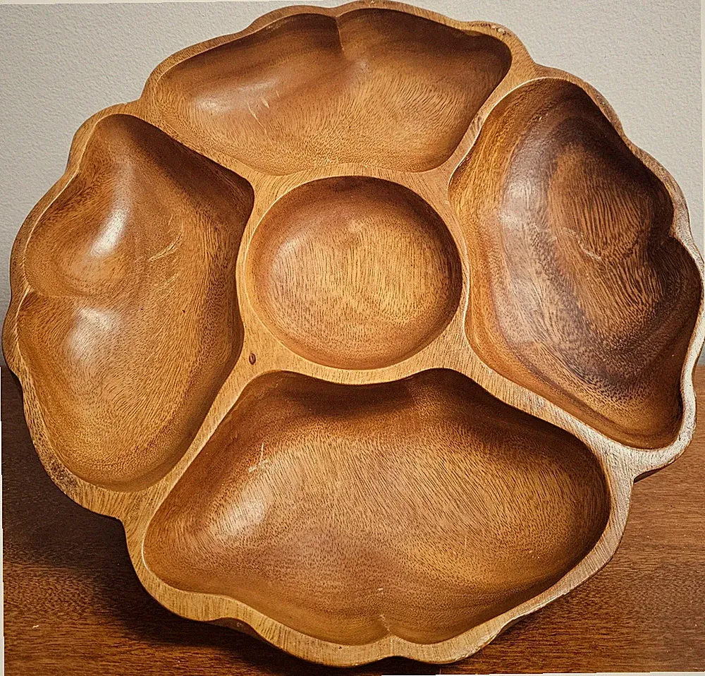 Handcraft Teak Wood Rotating Serving Tray 4 sections 1 Dip Brown Candy Snack 13"