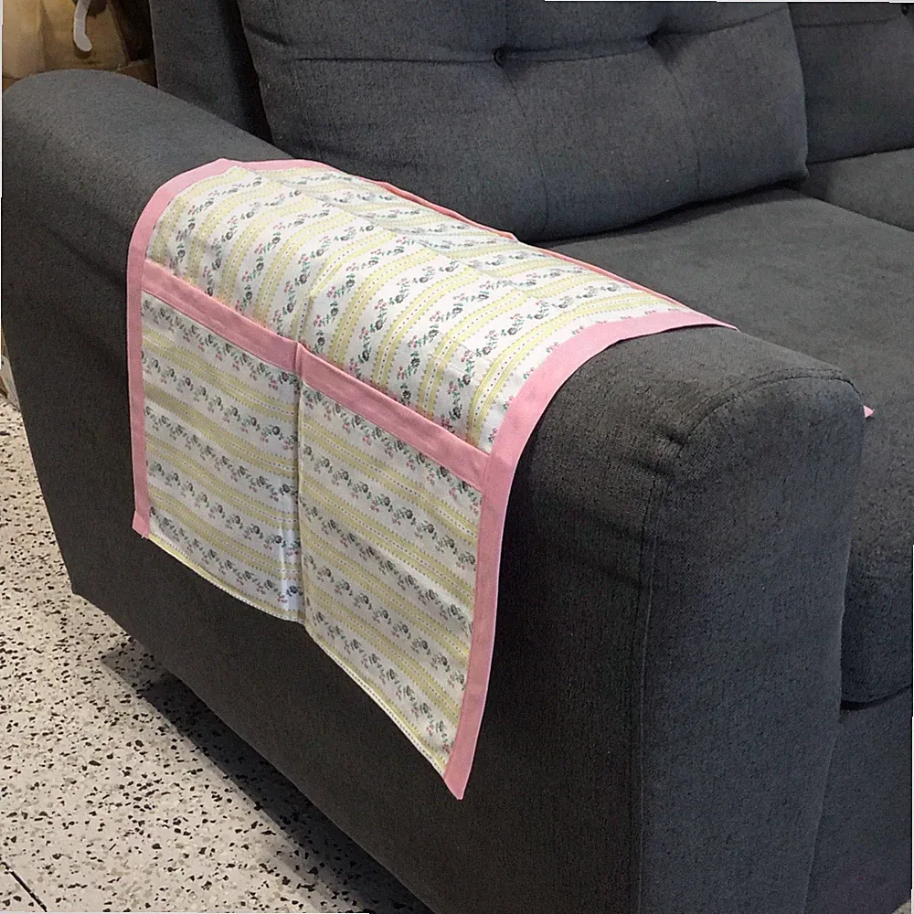 Handcrafted Armrest Organizer For Sofa Or Bed Floral Pink Trim Ties
