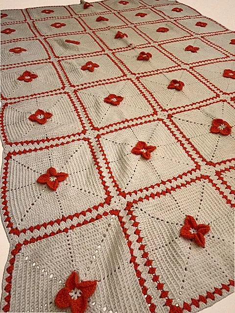 Handmade Crochet Bedspread 61x87 White Orange 3D Floral Granny Square Retro