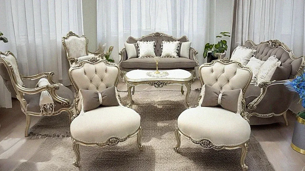 Handmade Solid Wood Victorian Sofa Set 9 Pc Beige Champagne Gold Living Room Set