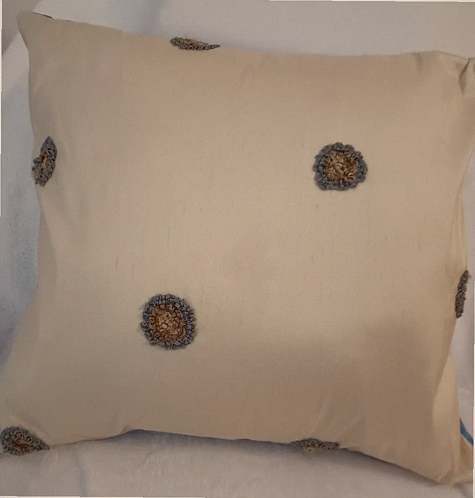 Handmade VITTORIO SILK & SATIN Ivory/Blue Embroidered Throw Pillow, Bed, Sofa