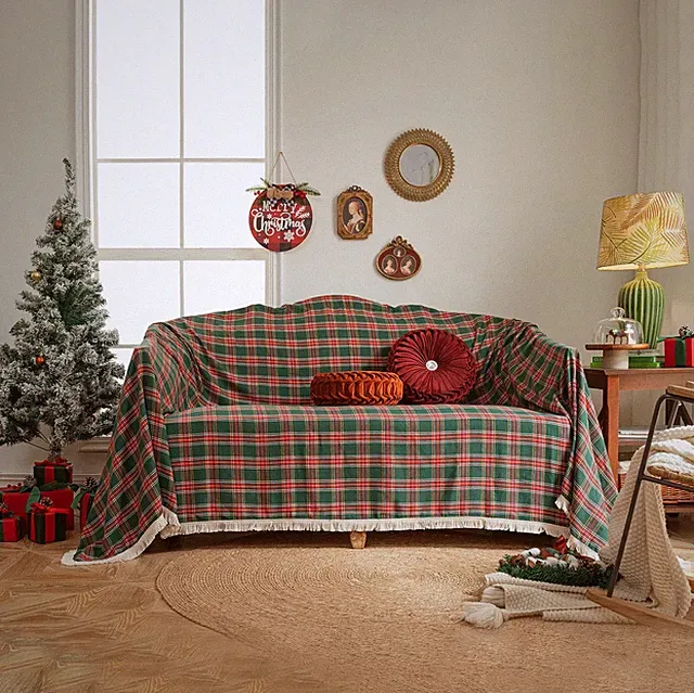 HANDONTIME Christmas Buffalo Plaid Sofa Couch Cover 3-Seater Red Green Festive
