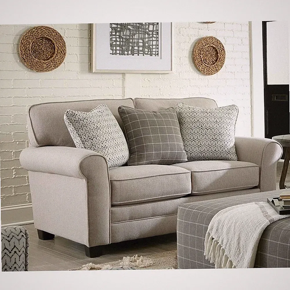 Hardy Farmhouse Casual Loveseat in Gray Fabric with Decorative Accent Pillows