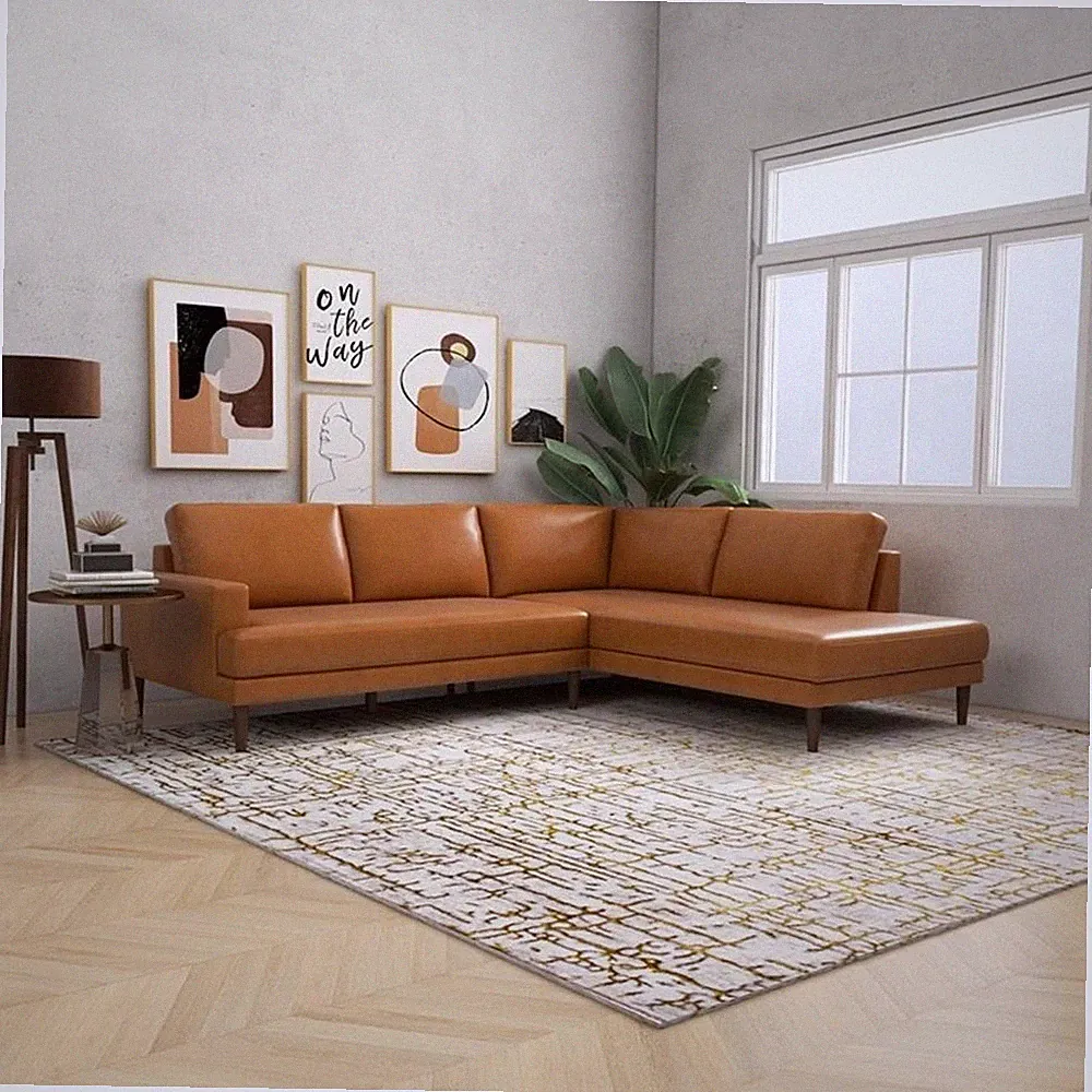 Harmon Pillow Back Genuine Leather Upholstered Right-Facing Sectional in Tan