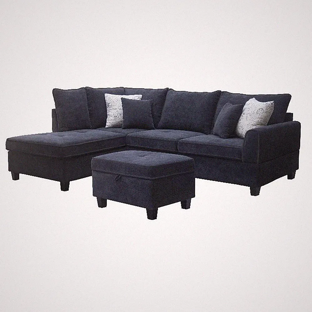 Harmony 99"W Black Fabric Sectional Sofa w/Left-Facing Chaise & Storage Ottoman