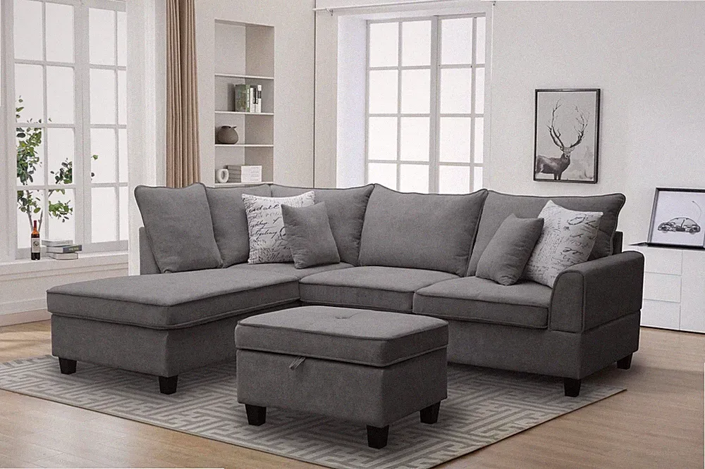 Harmony 99"W Gray Fabric Sectional Sofa w/Left-Facing Chaise & Storage Ottoman