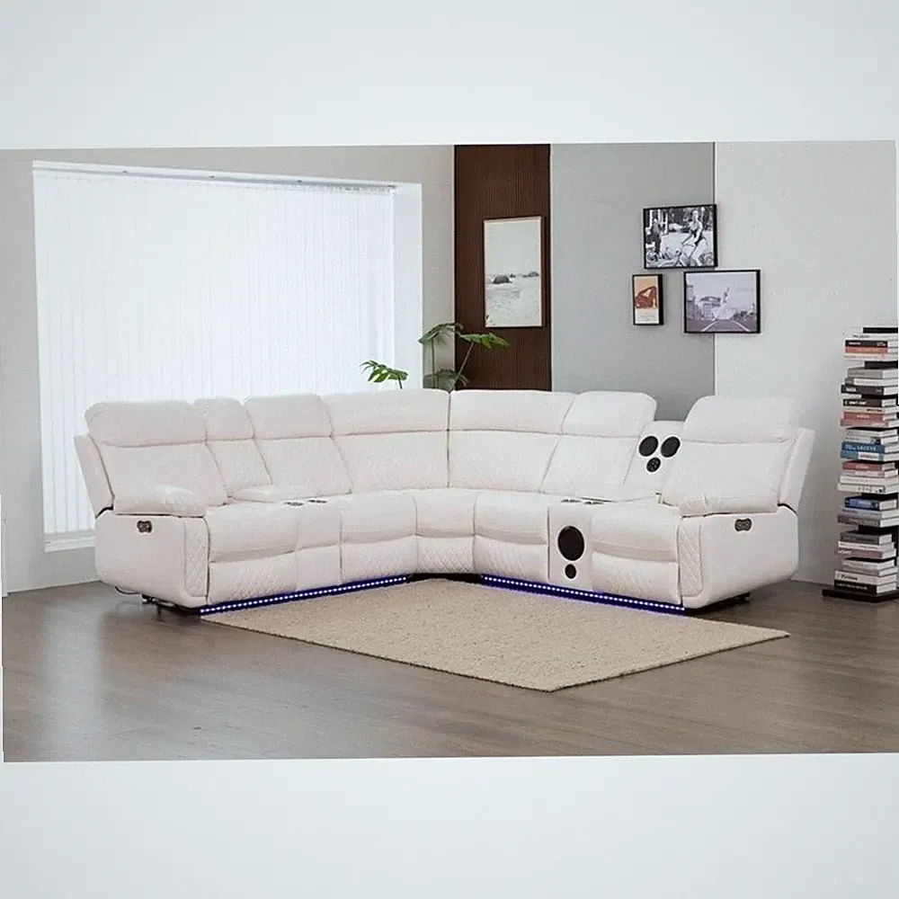 Hathrone Faux Leather Power Reclining Sectional LED USB and SubWoofer In White