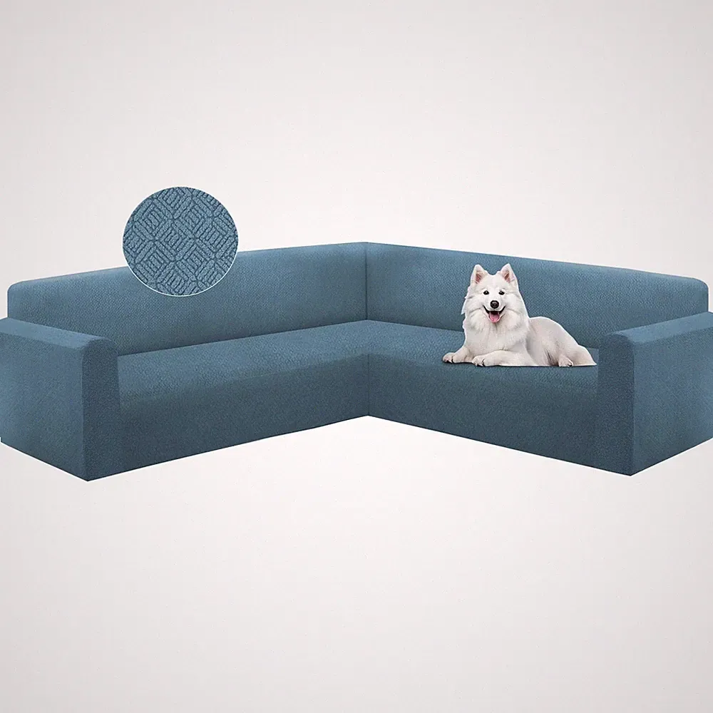 HDCAXKJ L Shape U Shaped Sectional Couch Cover Jacquard Slipcover Light Blue