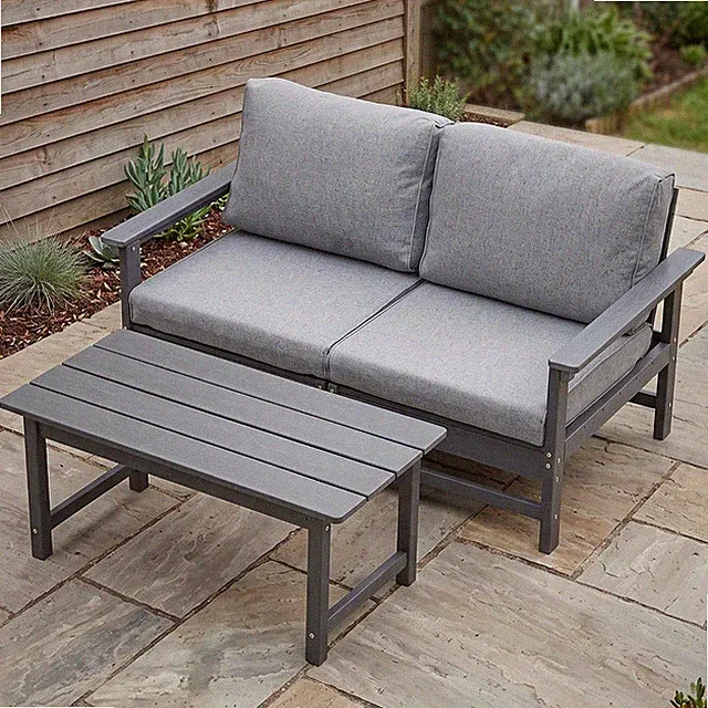 HDPE Outdoor Loveseat Sofa Set with Coffee Table, Weather-Resistant Patio Couch