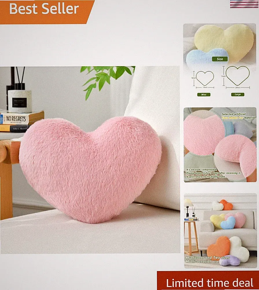 Heart Pillow Pink Throw Pillows Decorative Pillows for Bed Couch Cute Faux Ra...