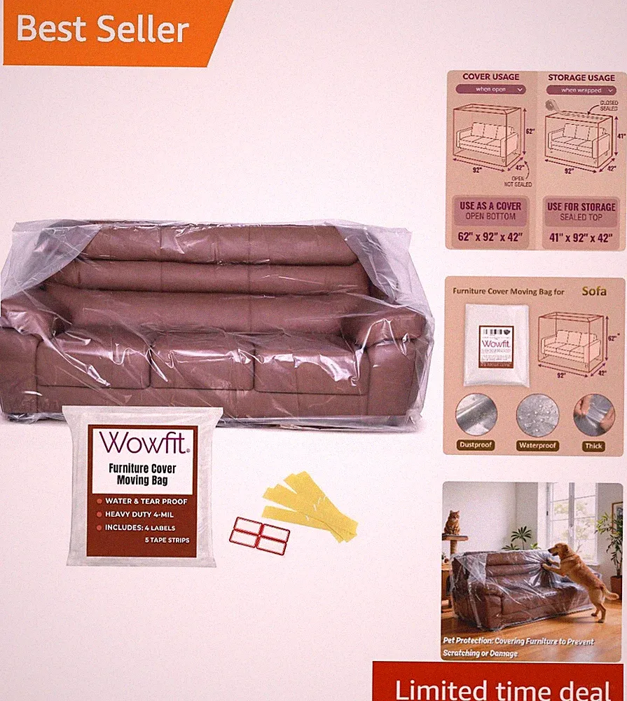 Heavy-Duty 4mil Clear Sofa Storage Bag with Labels & Tape Strips - 92Wx42Dx62H