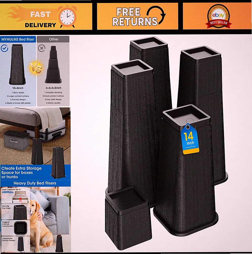 Heavy Duty Bed Risers 14 Inch - Stackable Furniture Lifts for Sofa, Desk, Table
