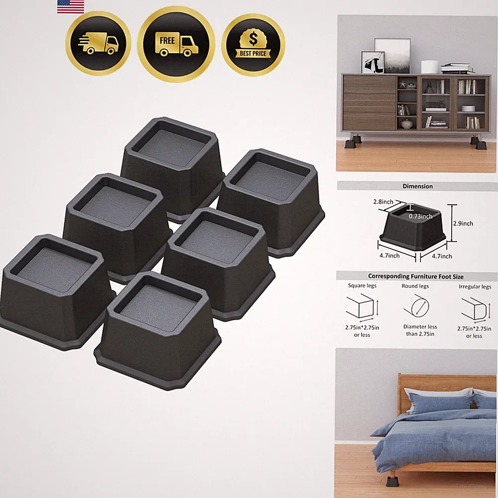 Heavy Duty Bed Risers 2 Inch Set of 6 Blocks Support up to 2000 lbs Black