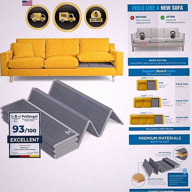 Heavy Duty Couch Cushion Support for Sagging Cushions 24x72 Reinforced Plywoo...