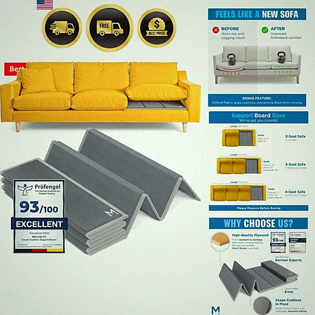 Heavy Duty Couch Cushion Support for Sagging Cushions 24x72 Reinforced Plywoo...