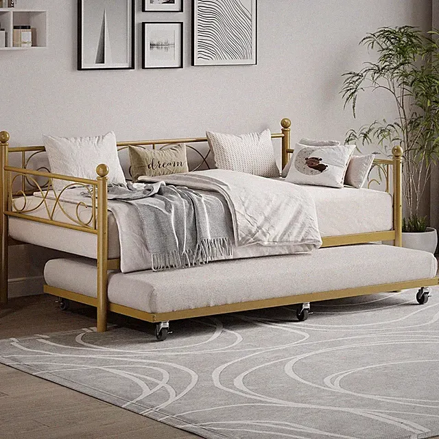 Heavy-Duty Metal Daybed with Pull Out Trundle Twin Size Bed Frame Sofa Bed New