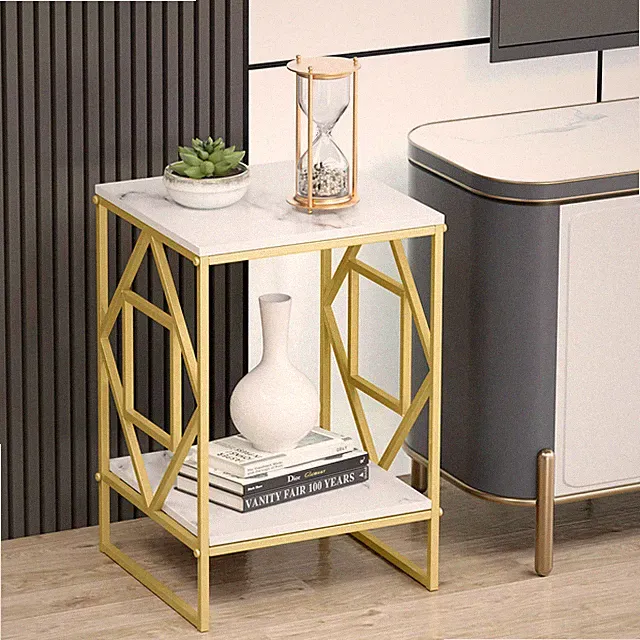 Heavy Duty Square Marble Table Bedside Sofa Bed End Side Table Gold Frame