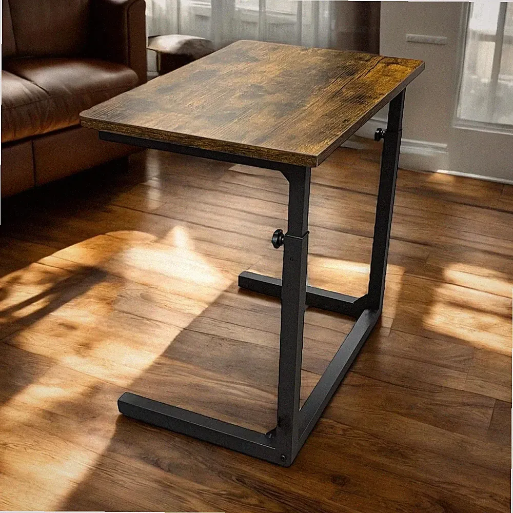 Height Adjustable C-Shaped Sofa Side Table, Laptop Table for Couch & Bed, Rustic