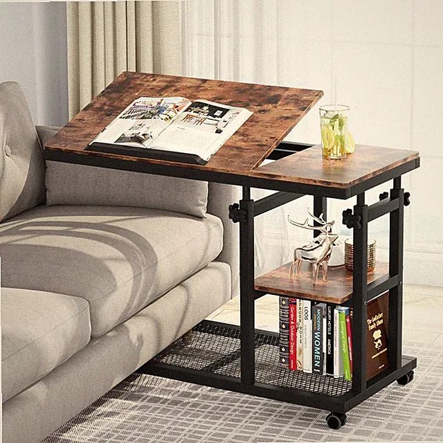 Height Adjustable C Table with Wheels, Mobile Couch Snack Side Table with Til...