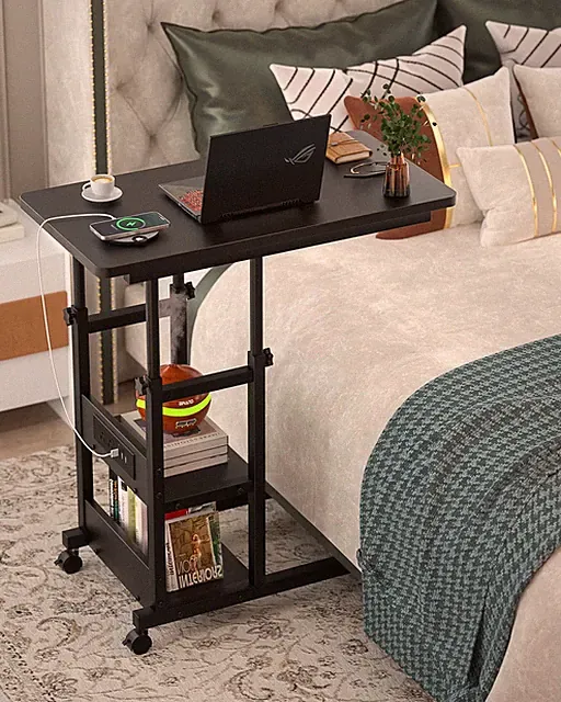 Height Adjustable End Table with Charging Station, Mobile Shaped Laptop Side...