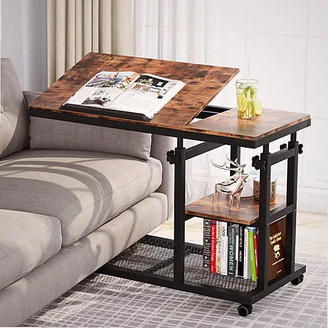 Height Adjustable Table with Wheels, Mobile Couch Snack Side Table with Tilta...