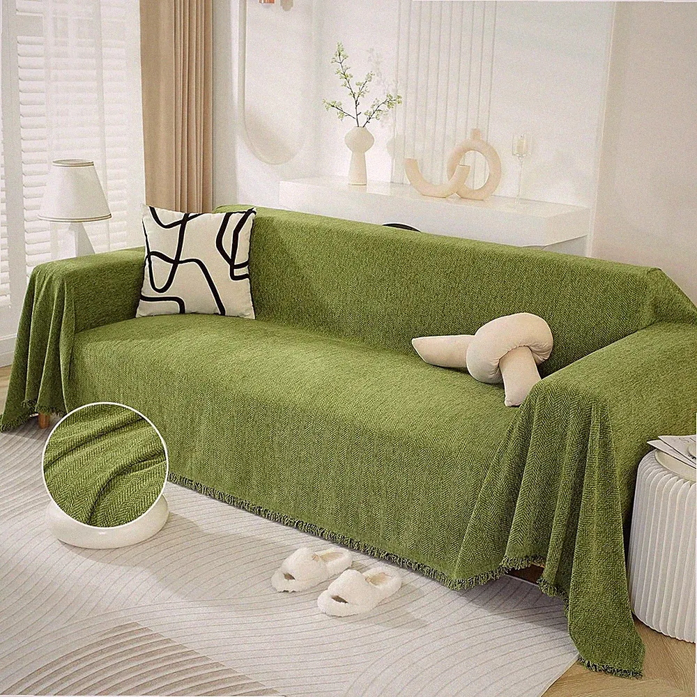 Herringbone Jacquard Sofa Cover - Washable, Pet Friendly, Modern Green 71"x134