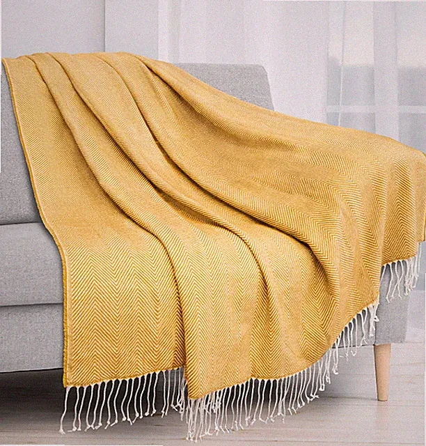 Herringbone Knitted Fringe Throw Blanket Decorative for Couch Sofa Lightweight