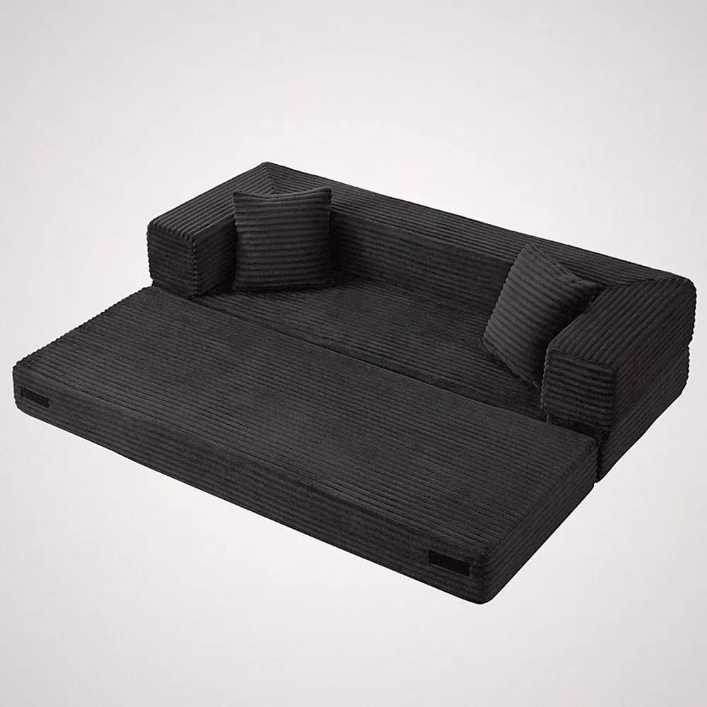 High-Density Foam Cord Sofa, Unique Two-Tier Convertible Bed, Square Design