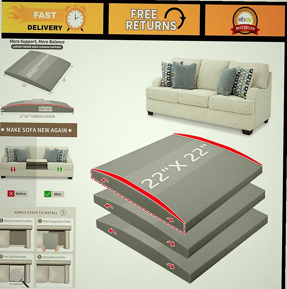 High Density Foam Couch Cushion Support 22x22x2.4" - 3PC Anti-Slip Light Grey