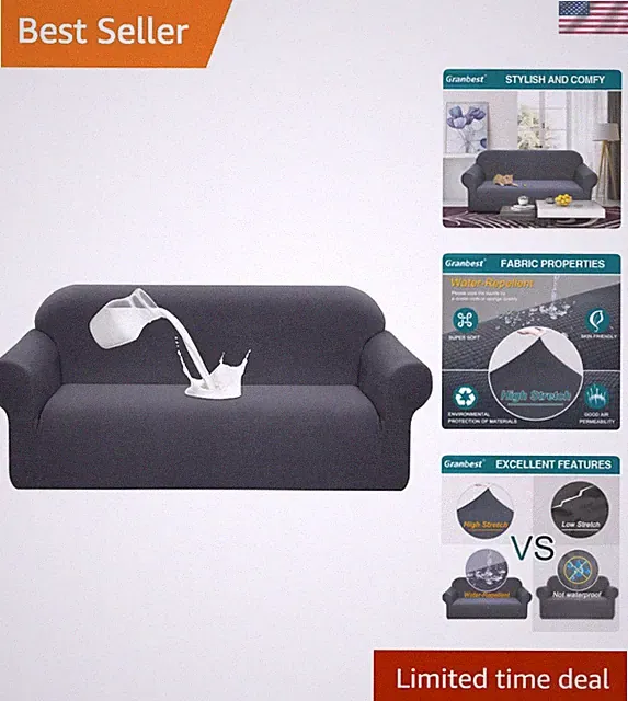High-Quality Water-Repellent Sofa Cover - Stretch Gray Slipcover for Pets & Kids