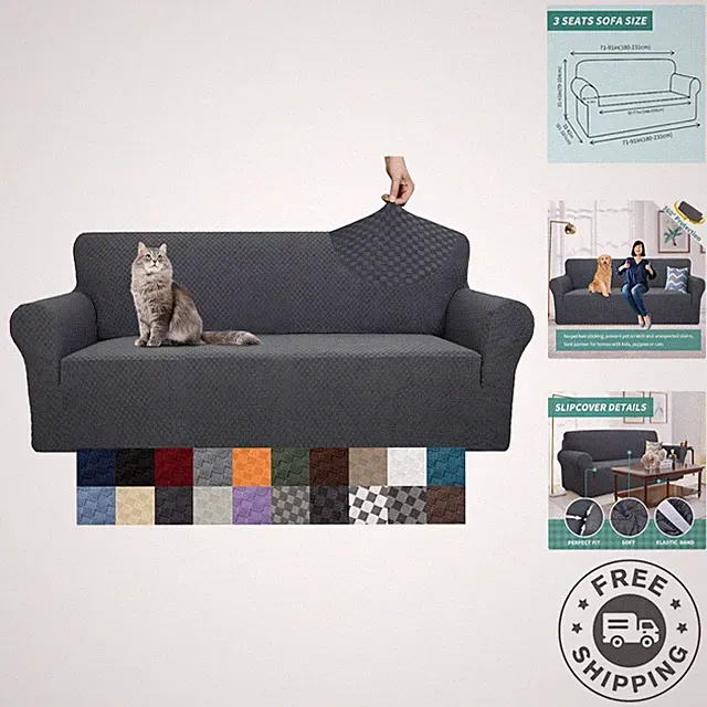 High Stretch Modern Jacquard Sofa Slipcover - Fits 3 Cushion Couches, Dark Gray