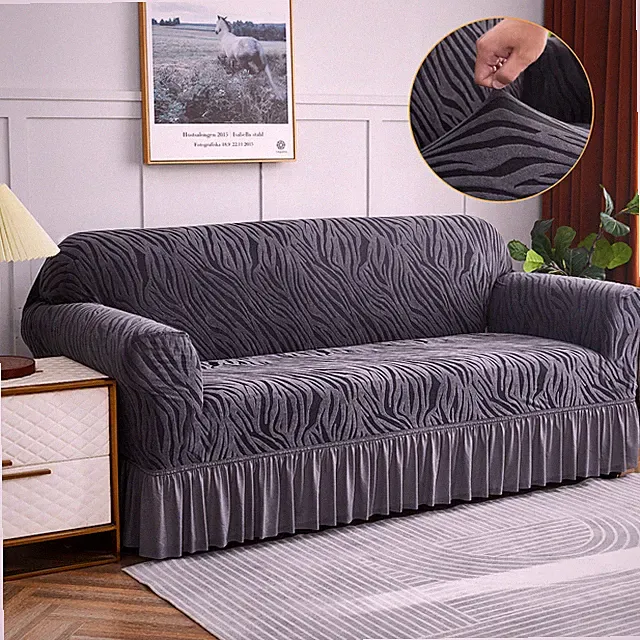High Stretch Sofa Couch Cover w/Skirt Hem Full-Cover Jacquard Slipcover Non Slip
