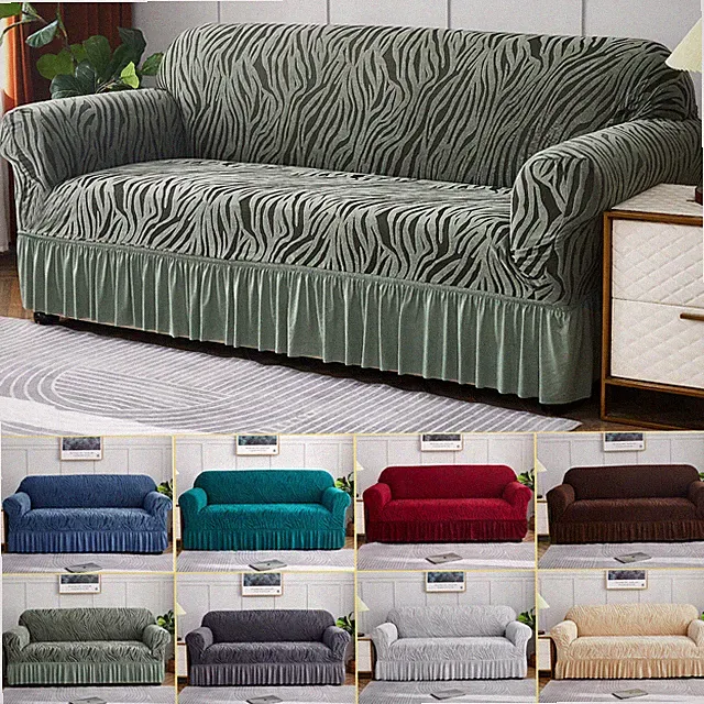 High Stretch Sofa Couch Cover w/Skirt Hem Full-Cover Jacquard Slipcover Non Slip