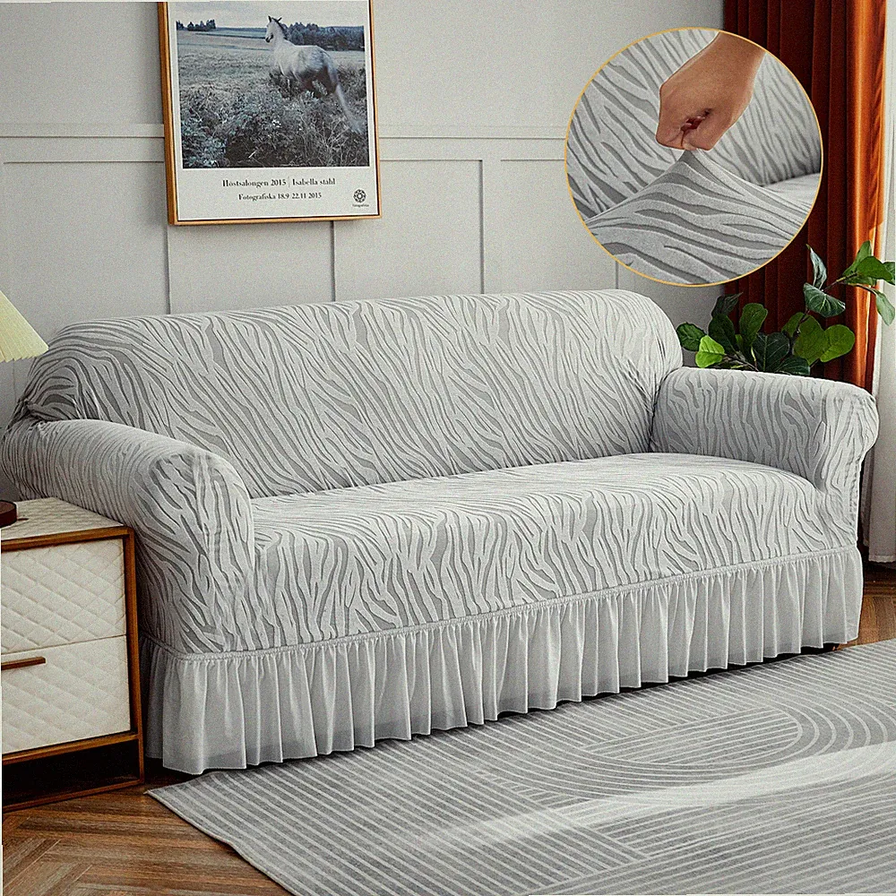 High Stretch Sofa Couch Cover w/Skirt Hem Full-Cover Jacquard Slipcover Non Slip