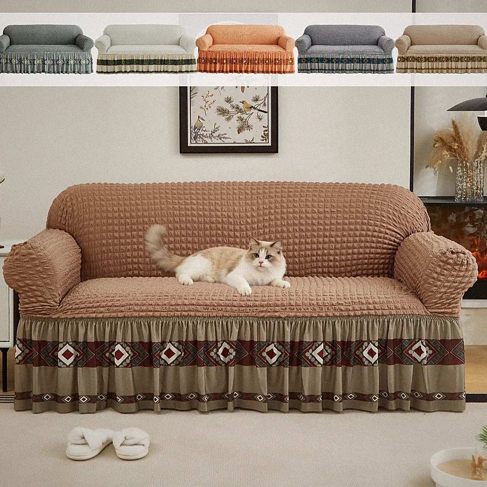 High Stretch Sofa Cover One-Piece Skirted Washable Couch Protector for Pets Kids