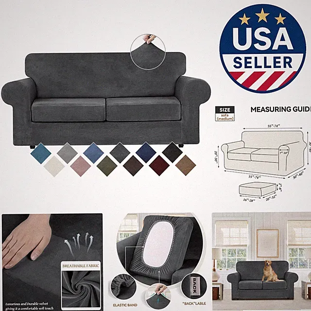 High Stretch Velvet Sofa Slipcovers for 2 Cushion Sofas - Pet-Friendly Dark Grey